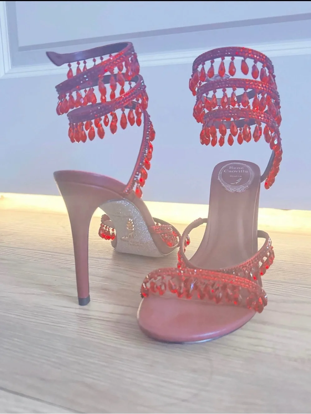 Rene Caovilla Red Satin Strappy Jeweled Stiletto Sandals